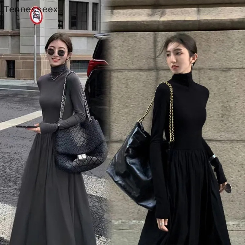 [TESN] ใหม่ชุดดำน้อย ทรงสลิมฟิต เดรสยาว ชุดเดรสคอเต่า สีเทา สีดํา คุณภาพสูง สไตล์เฮปเบิร์น แฟชั่นฤดูใบไม้ร่วง และฤดูหนาว สําหรับผู้หญิง OOQ