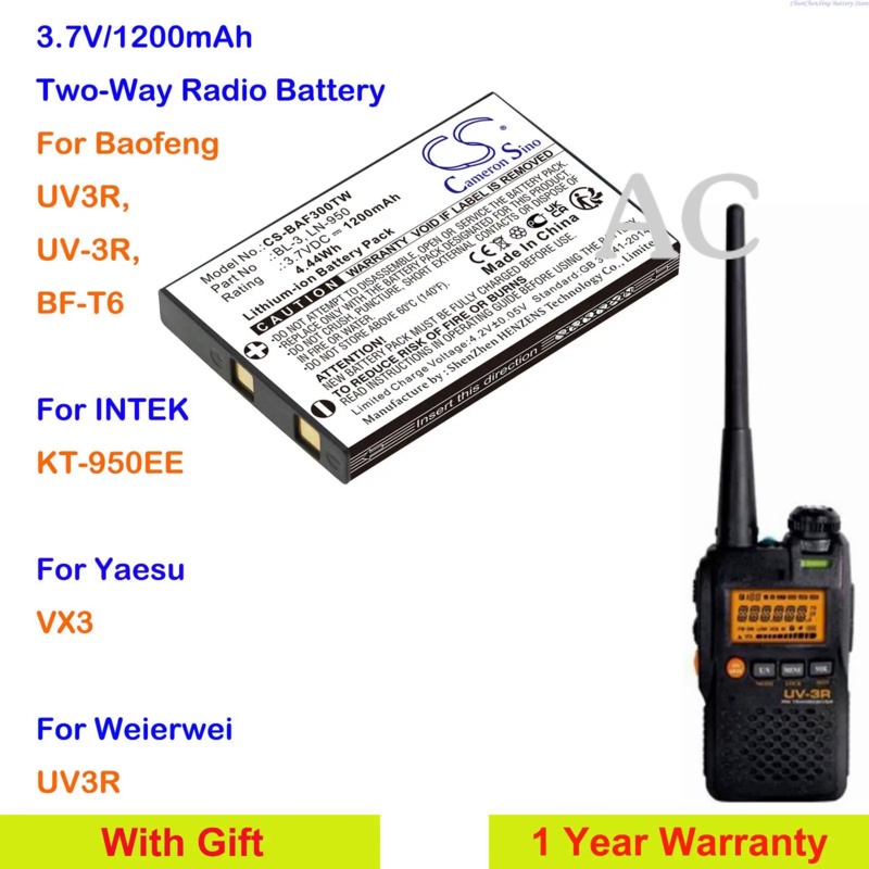 AC Cameron Sino 1200mAh Two-Way Radio Battery for Baofeng UV3R,UV-3R,BF-T6, For INTEK KT-950EE, For Yaesu VX3, For Weier