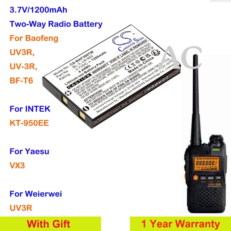 AC Cameron Sino 1200mAh Two-Way Radio Battery for Baofeng UV3R,UV-3R,BF-T6, For INTEK KT-950EE, For 