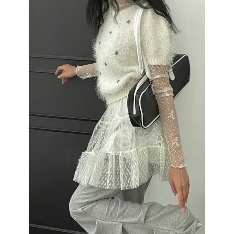 เสื้อยืดแขนยาว ผ้าตาข่าย ประดับโบว์ แต่งลูกไม้ สวมใส่สบาย แฟชั่นฤดูใบไม้ร่วง และฤดูหนาว สไตล์เกาหลี สําหรับเด็กผู้หญิง