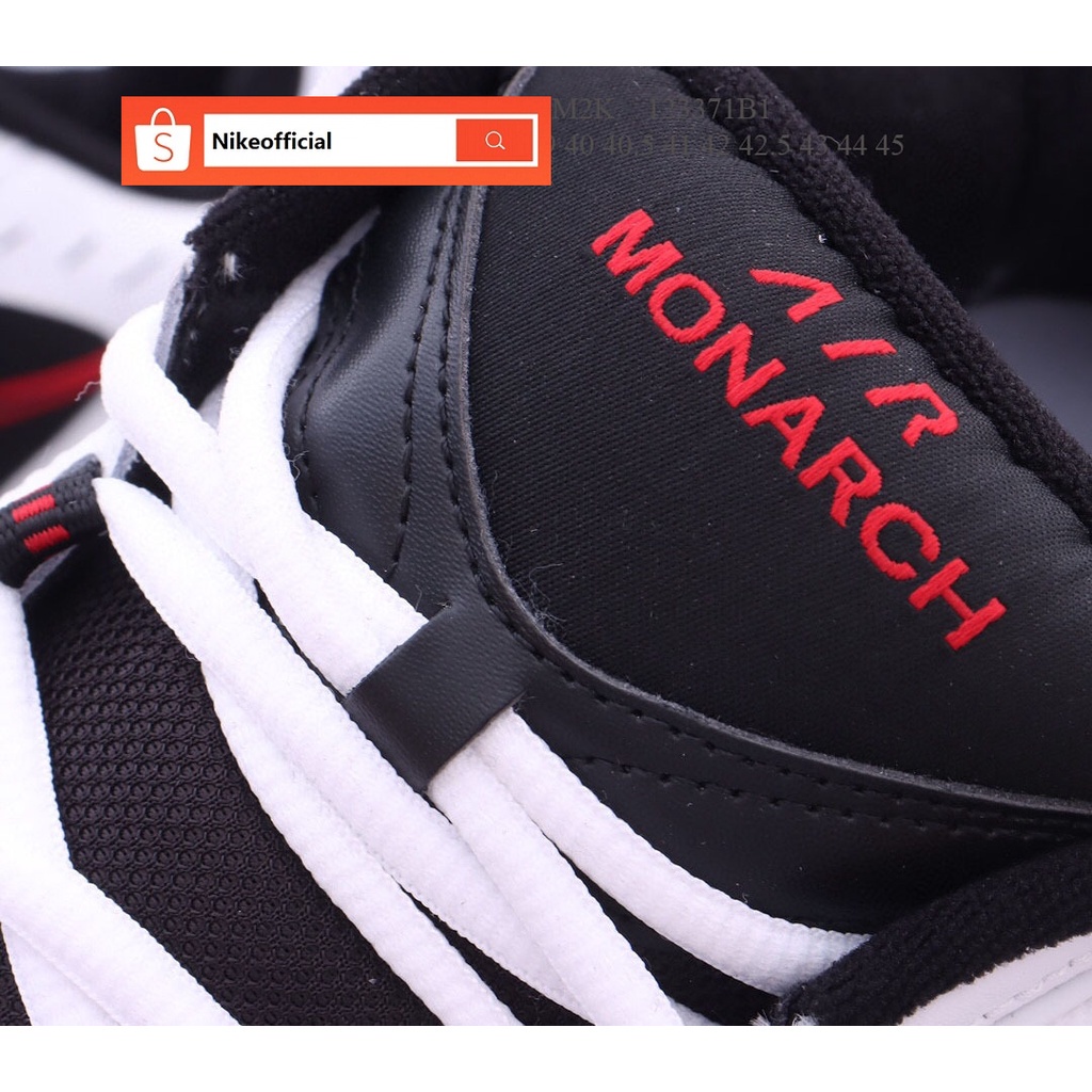 ของแท้ 100% Nike Air MONARCH M2K สีขาว/สีดำรองเท้าผ้าใบหนังลำลองรองเท้าสำหรับสตรีและผู้ชาย ป้องกันก