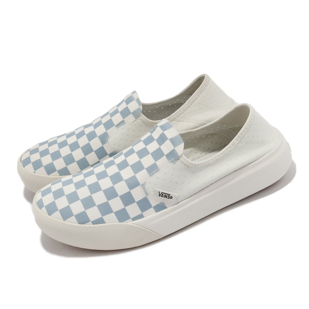 ♞Vans Vans Lazy Shoes Comfycush One White Blue Checkerboard Can Step On Heel Men's Casual [ACS] VN0
