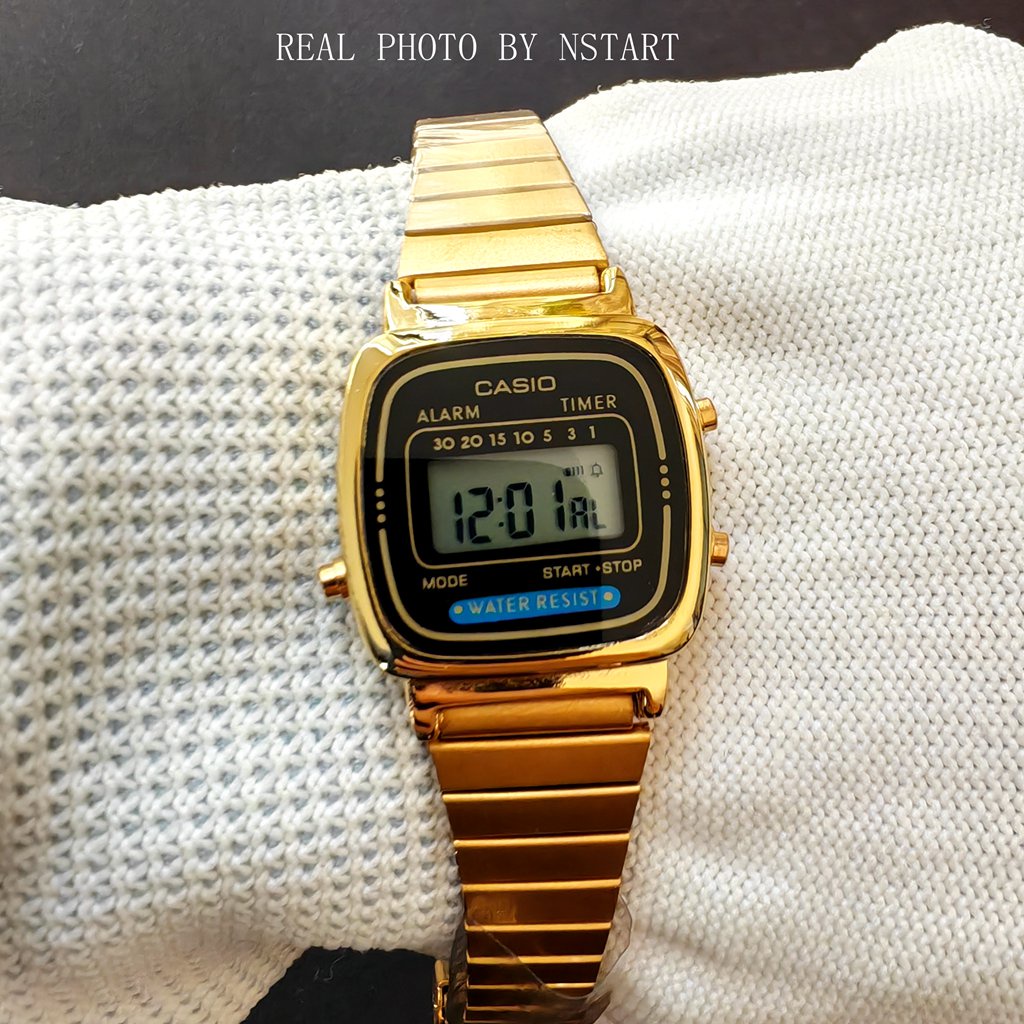 Gold ใหม่ นาฬิกาข้อมือควอตซ์ดิจิทัล สายสเตนเลส สีดํา สไตล์วินเทจย้อนยุค สําหรับผู้หญิง La670 La-670 La-670wa