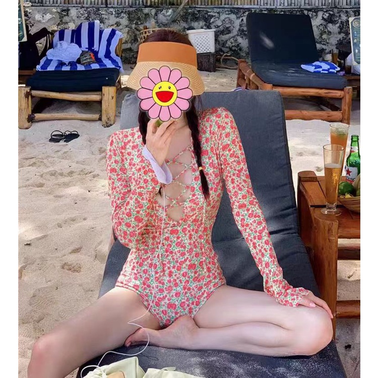 ชุดว่ายน้ําวันพีช คอวีลึก แขนยาว พิมพ์ลายดอกไม้ เซ็กซี่ กันแดด ชายหาด กระชับสัดส่วน เซ็กซี่ สําหรับผู้หญิง