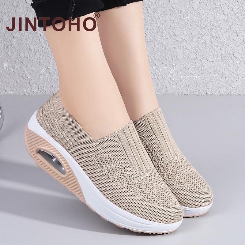 Jintoho รองเท้าผ้าใบแพลตฟอร์มลําลอง ส้นแบน ระบายอากาศ สีพื้น แฟชั่นฤดูร้อน สําหรับสตรี