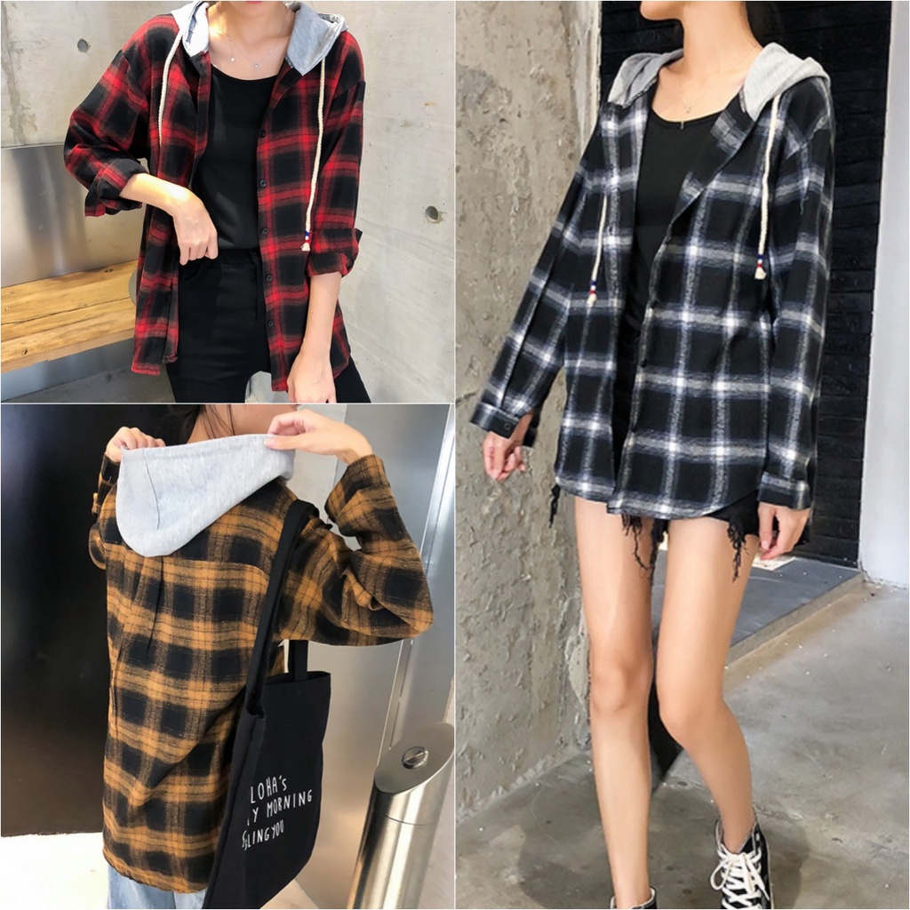 ccute พร้อมส่ง เสื้อแขนยาว ฮู้ด ลายสก๊อต ฟรีไซส์ เชือกรูด กันแดด สไตล์เกาหลี