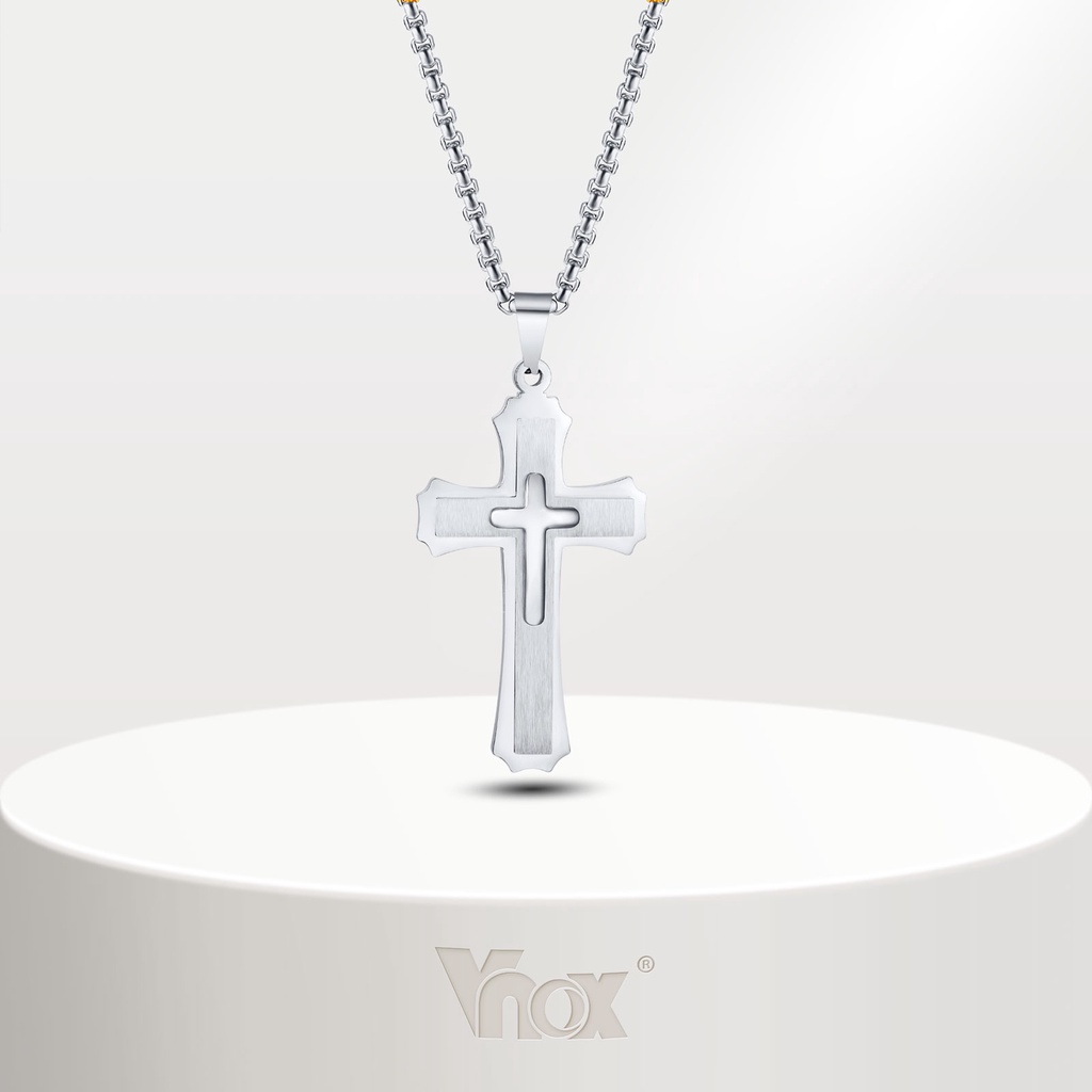 Vnox สร้อยคอสเตนเลส จี้ไม้กางเขน 3 ชั้น สามมิติ เครื่องประดับทางศาสนา สําหรับผู้ชาย