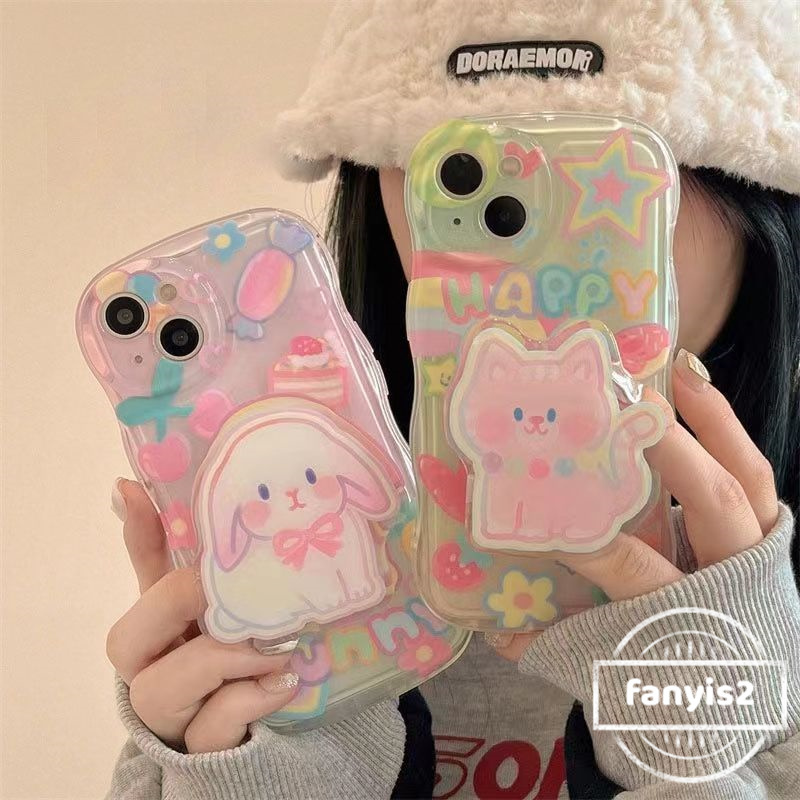 เคสโทรศัพท์มือถือนิ่ม กันกระแทก ปิดด้านหลัง ลายแมวแฮปปี้น่ารัก พร้อมขาตั้ง สําหรับ iPhone 15 11 14 Pro 13 12 Pro Max 14 Plus X XR Xs Max 8 7 6 6s Plus SE 2020