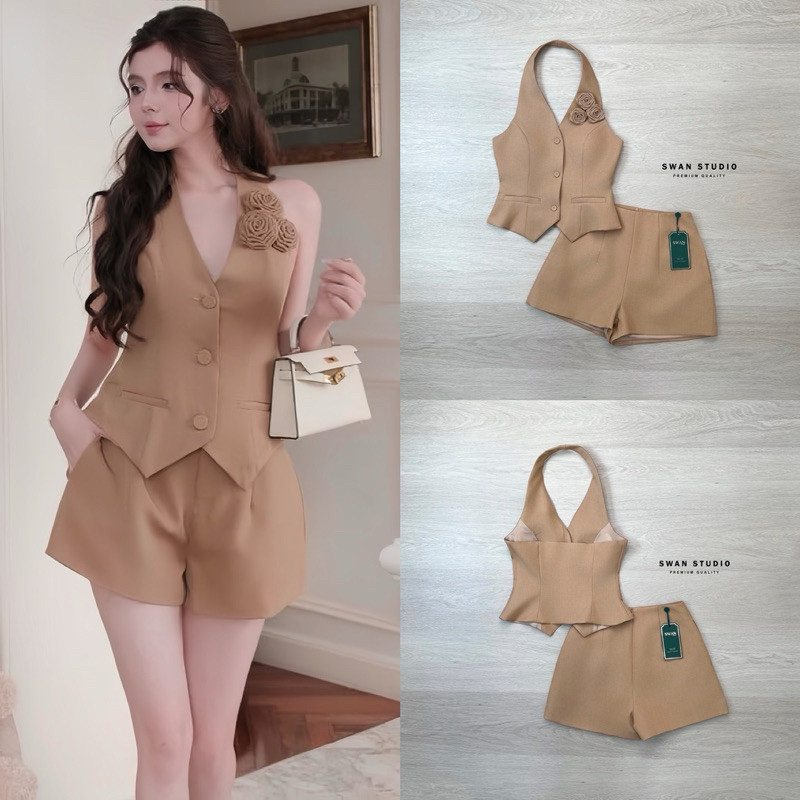 Mom.ss (พร้อมส่ง) Swan174 เซทเสื้อคล้องคอสีน้ำตาล มีเข็มกลัดดอกไม้ 3 อัน + กางเกง งานป้าย Swan สวยๆ 