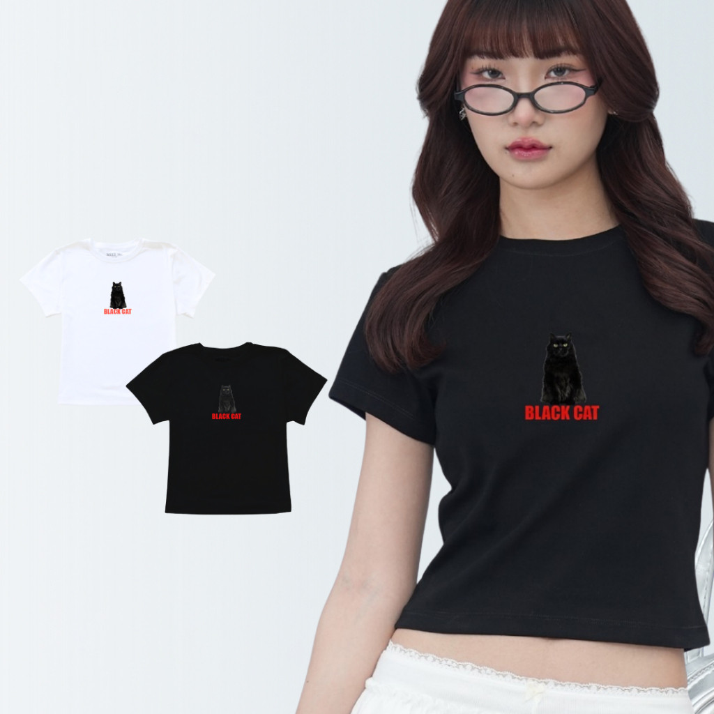 BOOM Shop - Top 002 | Mini T-Shirt ลาย Black cat เสื้อครอป