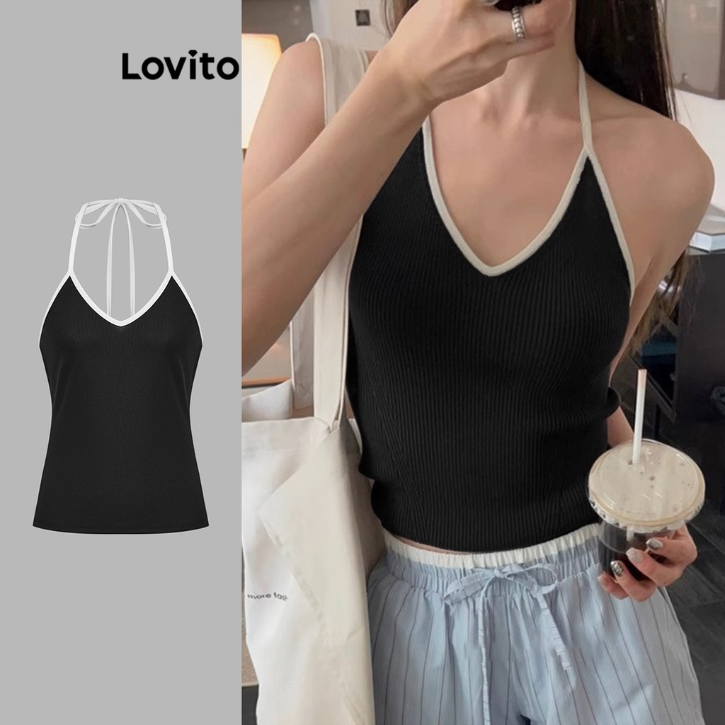 Lovito เสื้อกล้ามคอปกผูกคอนทราสต์ธรรมดาสำหรับผู้หญิง LAD106050