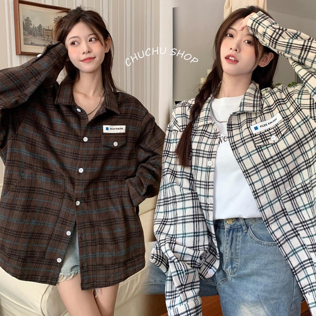 CHU#เสื้อเชิ้ตลายสก๊อตย้อนยุแขนยาว ปลอกคอโปโลแฟชั่น อเนกประสงค์ลดอายุหลวมกระชับสัดส่วนกระเป๋าแพทช์ สำหรับผู้หญิง#W554