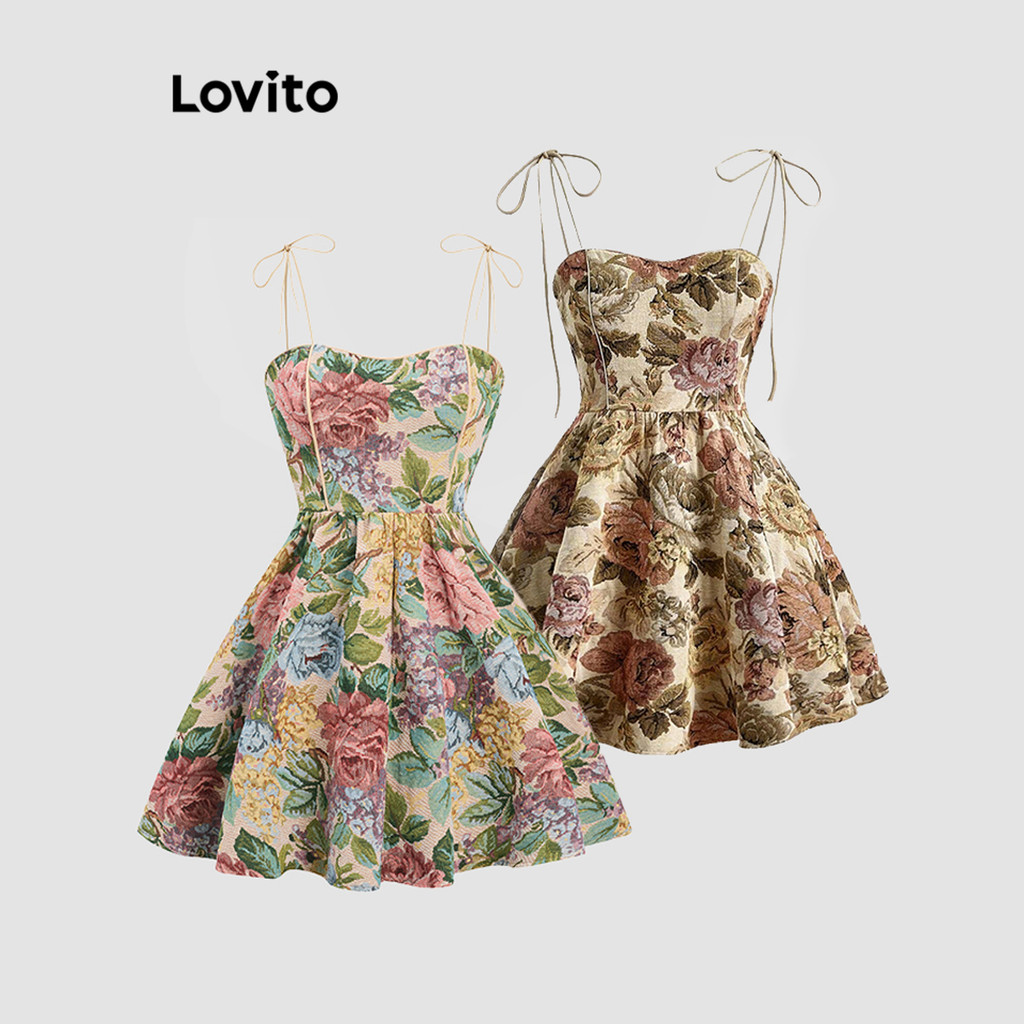Lovito ชุดเดรสผู้หญิง ผูกไหล่ ผ้าแจ็คการ์ด พิมพ์ลายดอกไม้ แบบมีโครง สไตล์ลำลอง L80ED421(หลากสี)