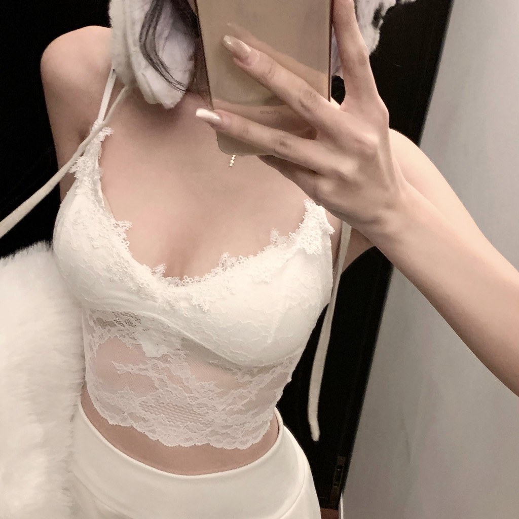 QY.Shop⭐️สินค้าราคาพิเศษ⭐️เสื้อสายเดี่ยวลูกไม้ มีฟองน้ำ มินิมอนสไตล์ ดีเทลแต่งคล้องคอเพิ่ม "FY792"