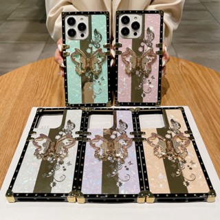 เคสกระจก ทรงสี่เหลี่ยม ลายดอกไม้ ผีเสื้อ พร้อมที่จับโลหะ วิบวับ หรูหรา สําหรับ Realme C53 C55 C30 C30S C33 C35 C21Y C25Y Realme 9 Pro 9i 7