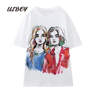 Uibey เสื้อคอกลม พิมพ์ลาย ทรงหลวม แฟชั่น สําหรับเด็กผู้หญิง 3509