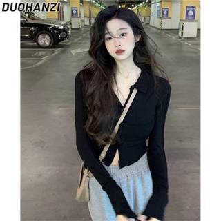 Duohanzi เสื้อยืด แขนยาว สีดํา เรียบง่าย อเนกประสงค์ สําหรับผู้หญิง