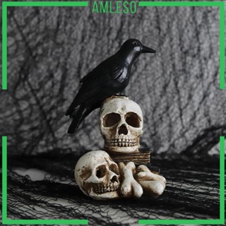 [Amleso] โมเดลหัวกะโหลก Raven On Skull Light Crow Perching On Skull สําหรับตกแต่งบ้านผีสิง ฮาโลวีน