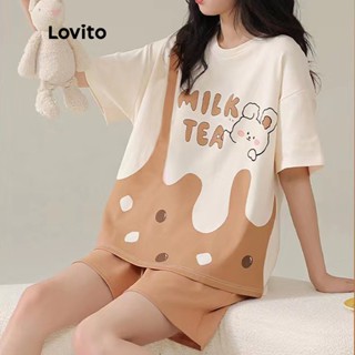 Lovito เซ็ตชุดนอน แขนสั้น คอกลม ลายการ์ตูน สไตล์ลำลอง สำหรับผู้หญิง LNA12007 (สีแอปริคอต)