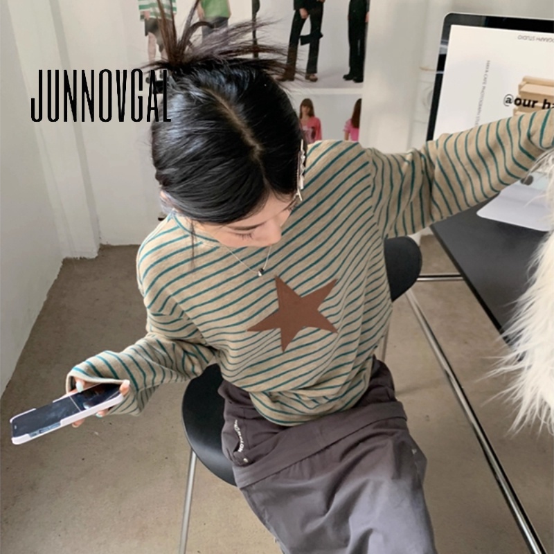 Junnovgal ใหม่ เสื้อยืด แขนยาว ลายทาง ทรงหลวม ขนาดใหญ่ สไตล์วินเทจ แฟชั่นสําหรับสตรี 2023