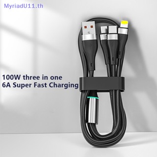 Myriadu สายชาร์จ 100W 6A USB เป็น Type C 3 In 1 ไนล่อนถัก ชาร์จเร็ว คุณภาพสูง สําหรับ Huawei Xiaomi Samsung