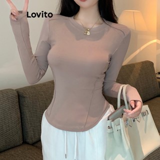 Lovito เสื้อยืดลําลอง เรียบง่าย สําหรับผู้หญิง LNA24174 (สีกากี/ดํา)