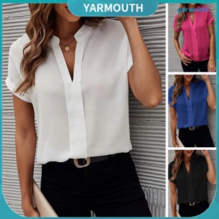 Yyr--เสื้อเชิ้ตลําลอง คอวี แขนสั้น ทรงหลวม ระบายอากาศ สีพื้น สําหรับสตรี