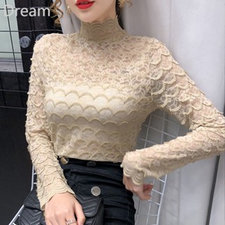 Korean style stand collar hollow-out lace top base shirt with mesh clothes tight shirt Womens Light mature foreign style super fairy lace shirt