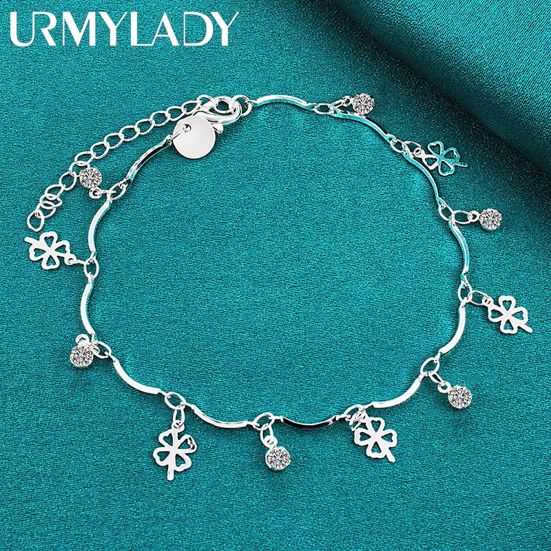Urmylady สร้อยข้อมือเงินแท้ 925 จี้เพทาย รูปใบโคลเวอร์สี่แฉก ทรงกลม เครื่องประดับแฟชั่น สําหรับผู้หญิง งานแต่งงาน ปาร์ตี้
