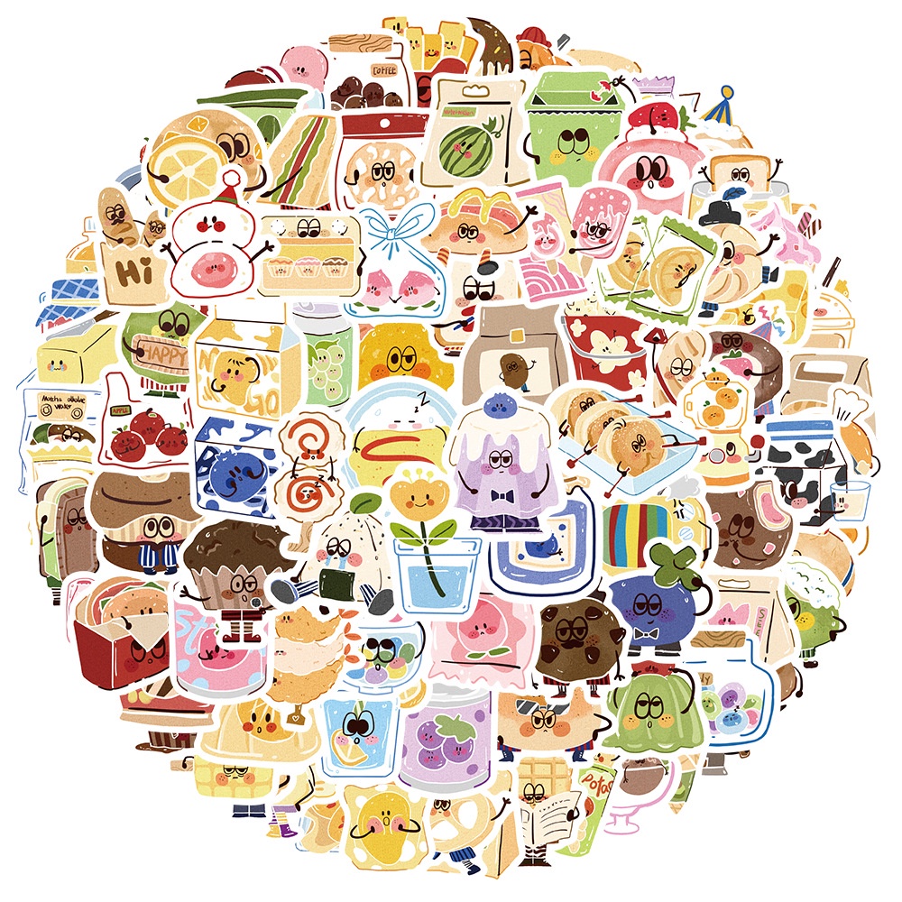 Lanlanstickersworld สติกเกอร์ ลายการ์ตูนกราฟฟิตี้ ขนมขบเคี้ยวน่ารัก กันน้ํา สําหรับติดตกแต่งหมวกกันน็อค จักรยาน 100 ชิ้น
