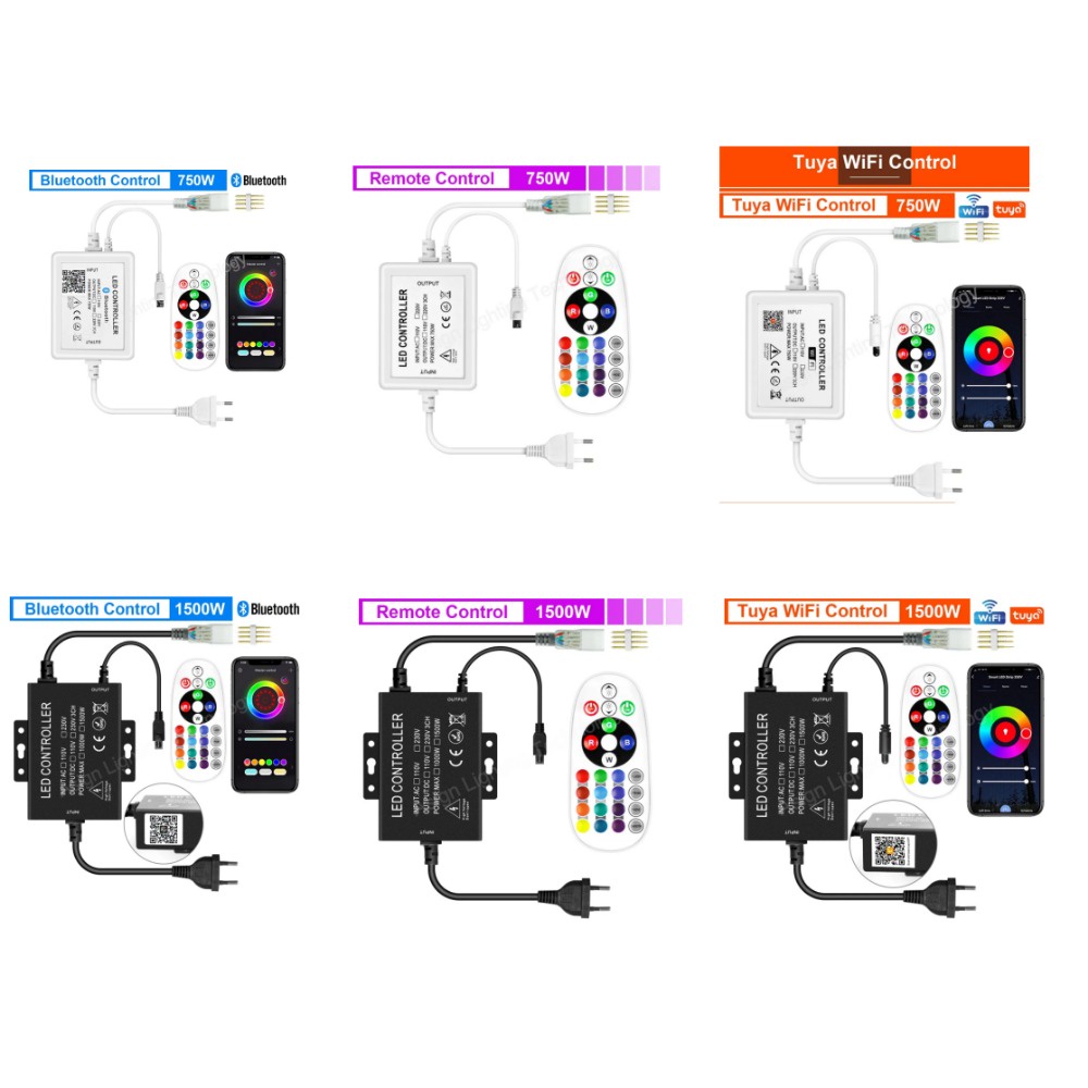 Ac220v รีโมตควบคุมแถบไฟนีออน LED RGB 4 Pin บลูทูธ Tuya WiFi APP RGB สําหรับแถบไฟ RGB 5050 เปลี่ยนสีได้ 750W 1500W