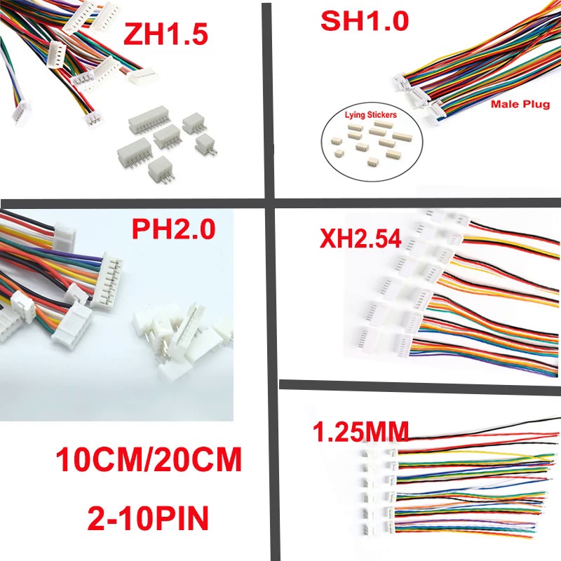 ปลั๊กเชื่อมต่อ ตัวผู้ ตัวเมีย 1.0 1.25 1.5 2.0 2.54 SH JST ZH PH XH พร้อมสายไฟ 100 มม. 200 มม. 2 3 4 5 6 7 8 9 10 ขา 10 ชุด