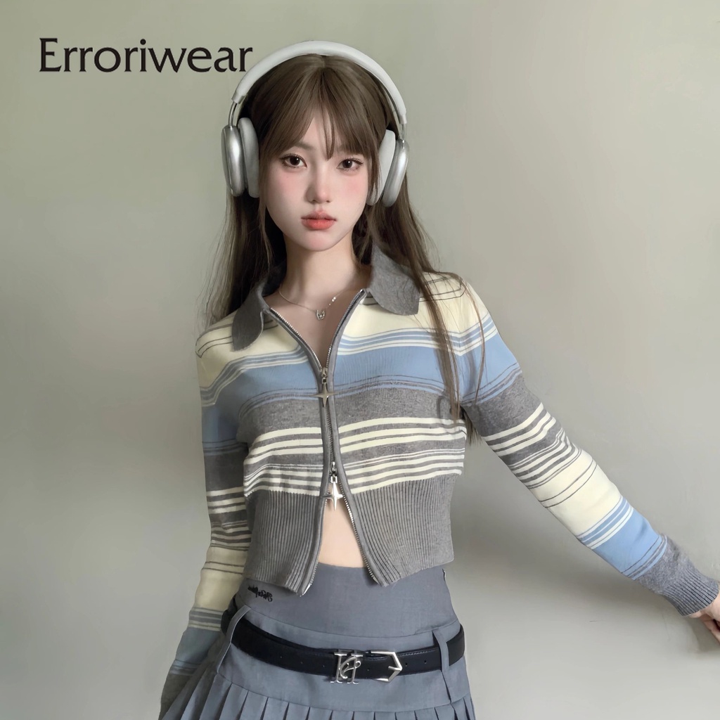 เสื้อคาร์ดิแกน ผ้าถัก ลายทาง แต่งซิป สีตัดกัน สําหรับผู้หญิง 2023