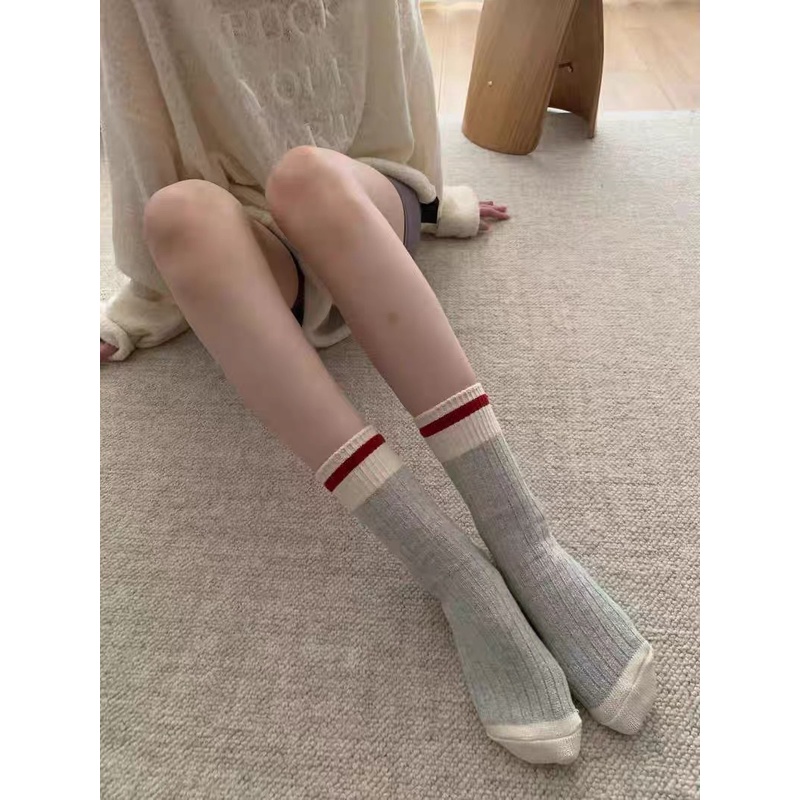 ถุงเท้า ผ้าฝ้ายแท้ แบบหนา ลายทาง สีตัดกัน สไตล์ญี่ปุ่นเรโทร สําหรับผู้ชาย และผู้หญิง