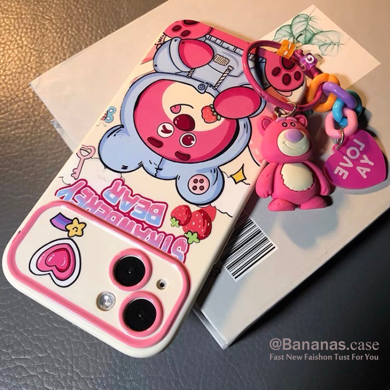 เคสโทรศัพท์มือถือแบบนิ่ม ลายการ์ตูนหมี สตรอเบอร์รี่ พร้อมสายคล้อง สําหรับ iPhone 15 14 13 12 11 Pro Max X Xr Xs Max 7 8 Plus SE2020 – โปรปัง