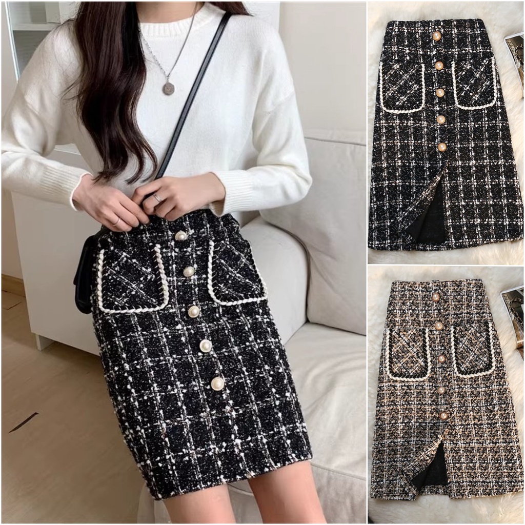 พร้อมส่ง กระโปรงยาวผ้าทวิต ผ่าหน้า กระโปรงทรงเอ (มีซับใน) แต่งกระดุมทอง 5 เม็ด แฟชั่นสไตล์สาวเกาหลี