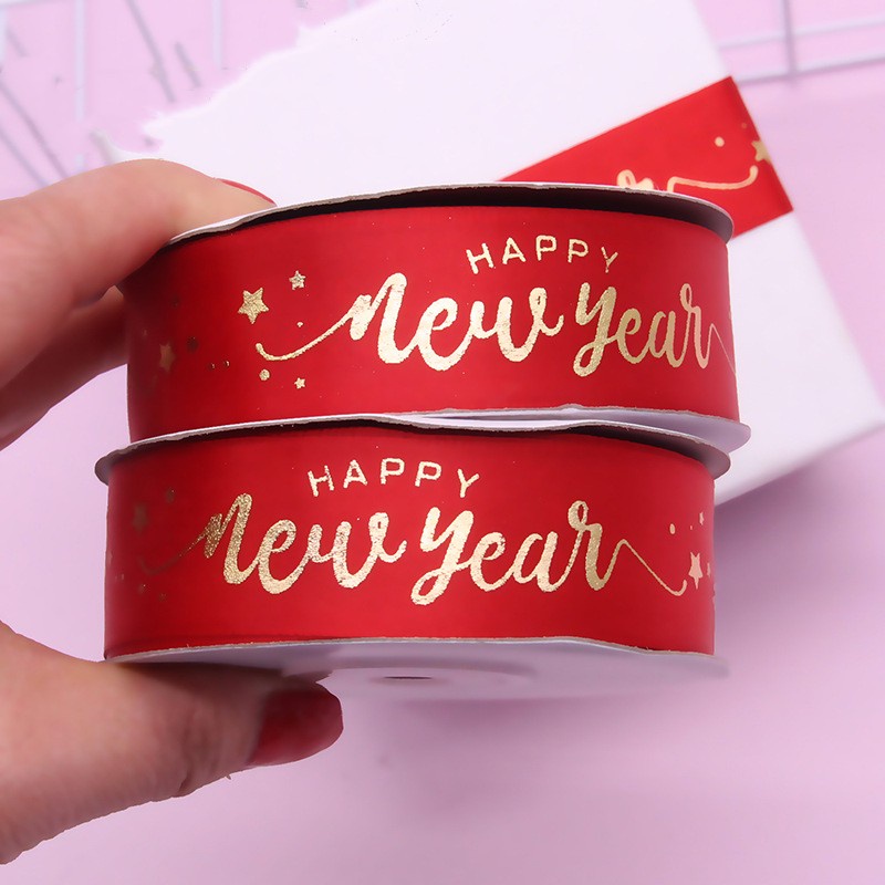 พร้อมส่ง ริบบิ้นพิมพ์ลาย happy new year 2024 2 ซม. 25 หลา สีแดง สําหรับตกแต่งเทศกาลปีใหม่