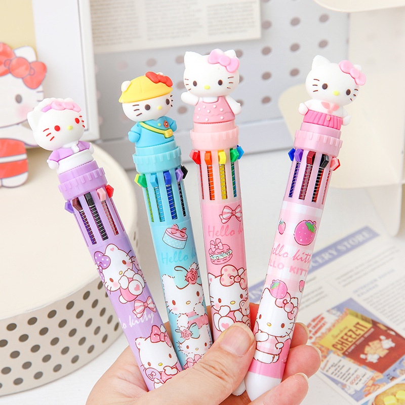 ใหม่ Hello Kitty ปากกาลูกลื่นสิบสีมูลค่าสูงน่ารักการ์ตูนกดปากกาสาวหัวใจ 10 สีในหนึ่งคู่มือปากกา