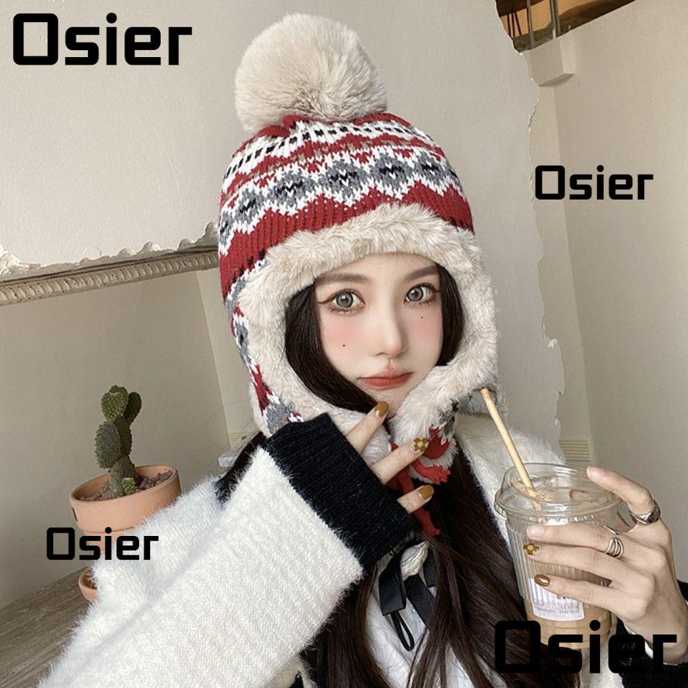 Osier1 หมวกถัก หมวกสกี แฟชั่นฤดูใบไม้ร่วง และฤดูหนาว ให้ความอบอุ่น อเนกประสงค์ สไตล์เรโทร สําหรับผู้หญิง