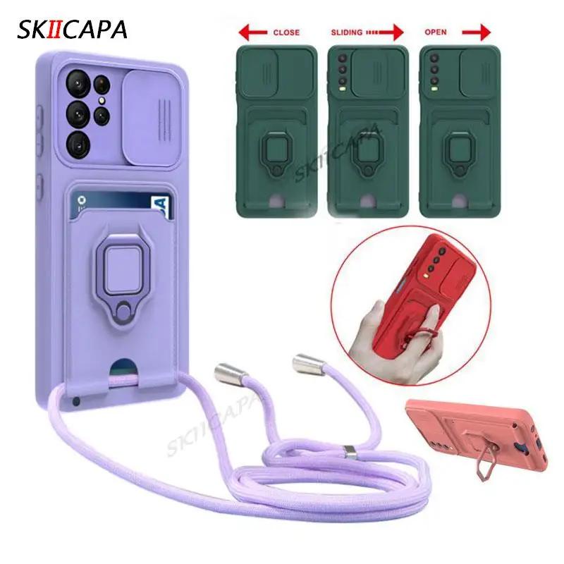 เคสโทรศัพท์มือถือ ซิลิโคนนิ่ม พร้อมสายคล้อง ช่องใส่บัตร แม่เหล็ก S 24 Ultra สําหรับ Samsung S24 Ultra S23 FE S22 Plus Galaxy S 23 S 22+