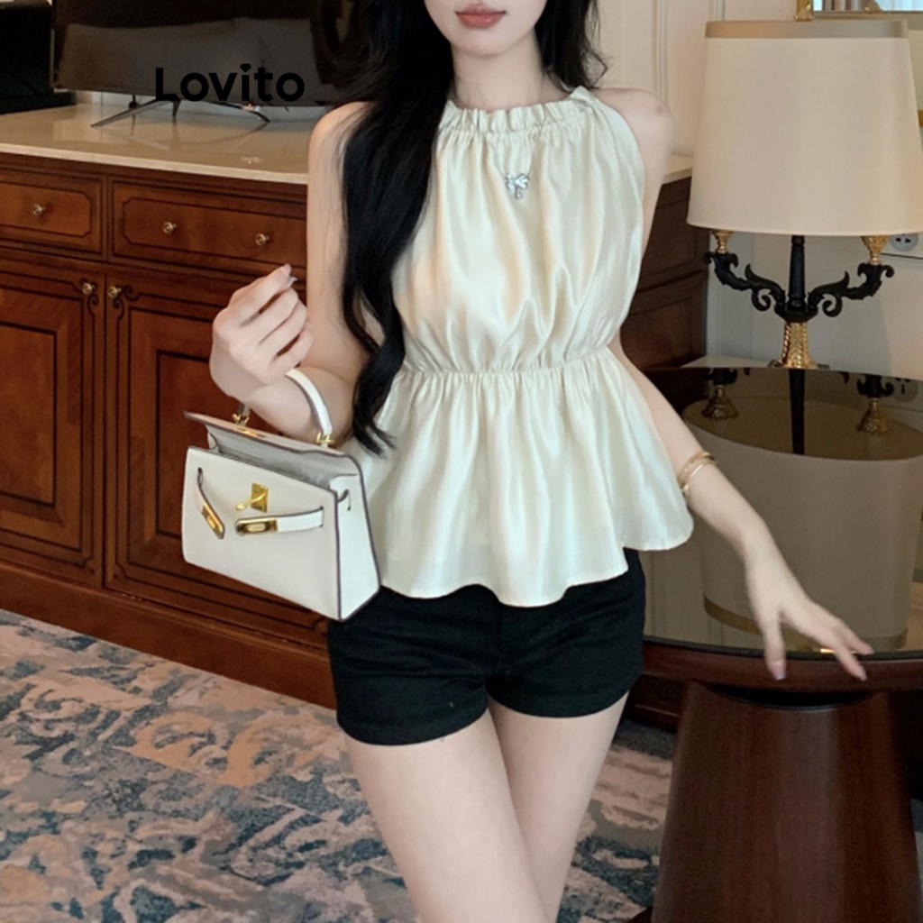 (Trendy) Lovito เสื้อกล้ามลําลองเสื้อกล้ามสม็อคเชือกธรรมดาสําหรับผู้หญิง LNA27339 (แอปริคอท)