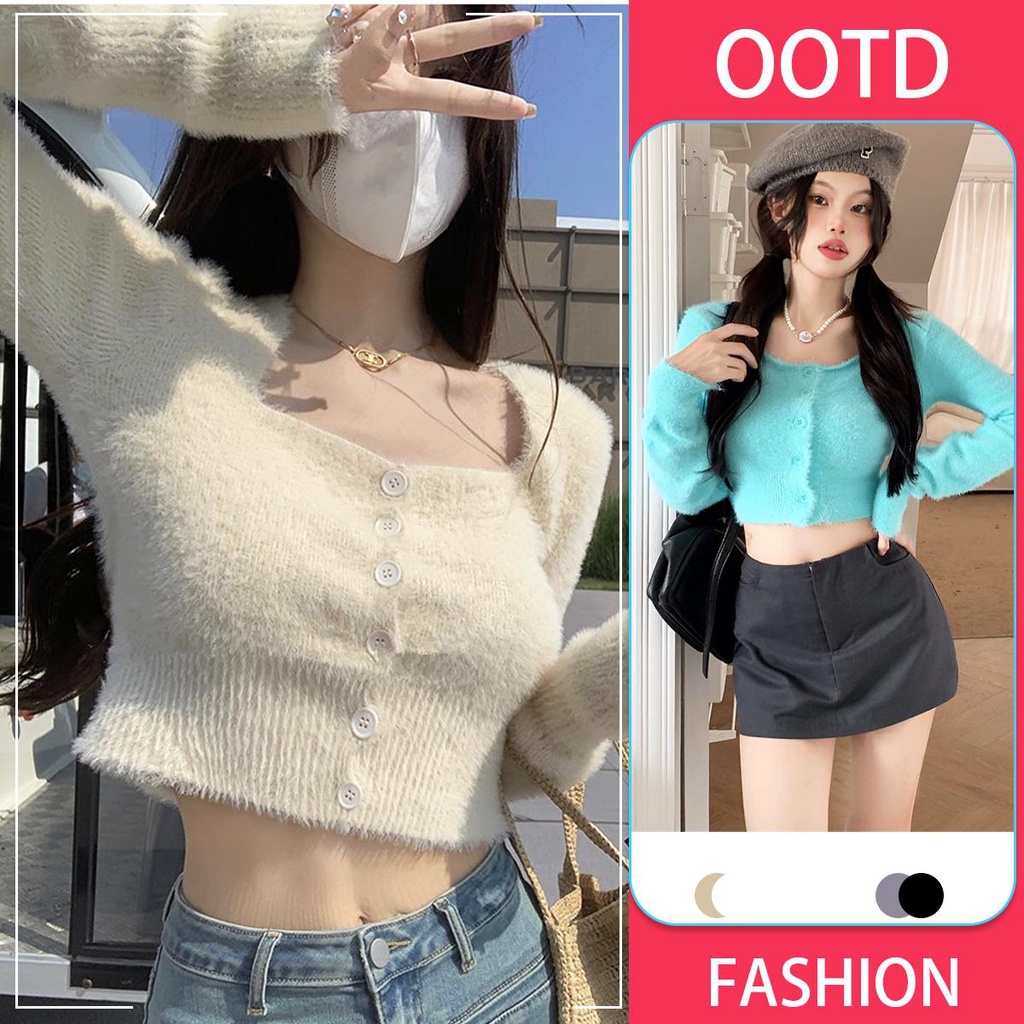 ❤️KOKO ❤️เสื้อแขนยาวไหมพรม เสื้อครอปพี่เพิ่มแฟชั่น คอเหลี่ยมกระตุมหน้า แอบเซ็กซี่นิดๆ เนื้อผ้านุ่มมาก ใส่สบาย