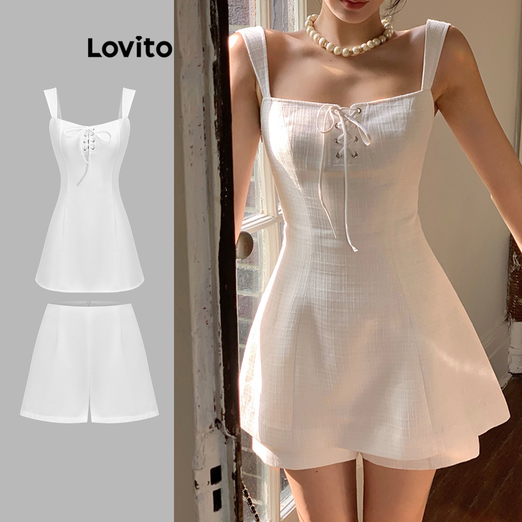 Lovito ลำลองสีพื้นผูกเชือกไม่มีสายผูกหลังTop หรือ Bottom สำหรับผู้หญิง L71ED115