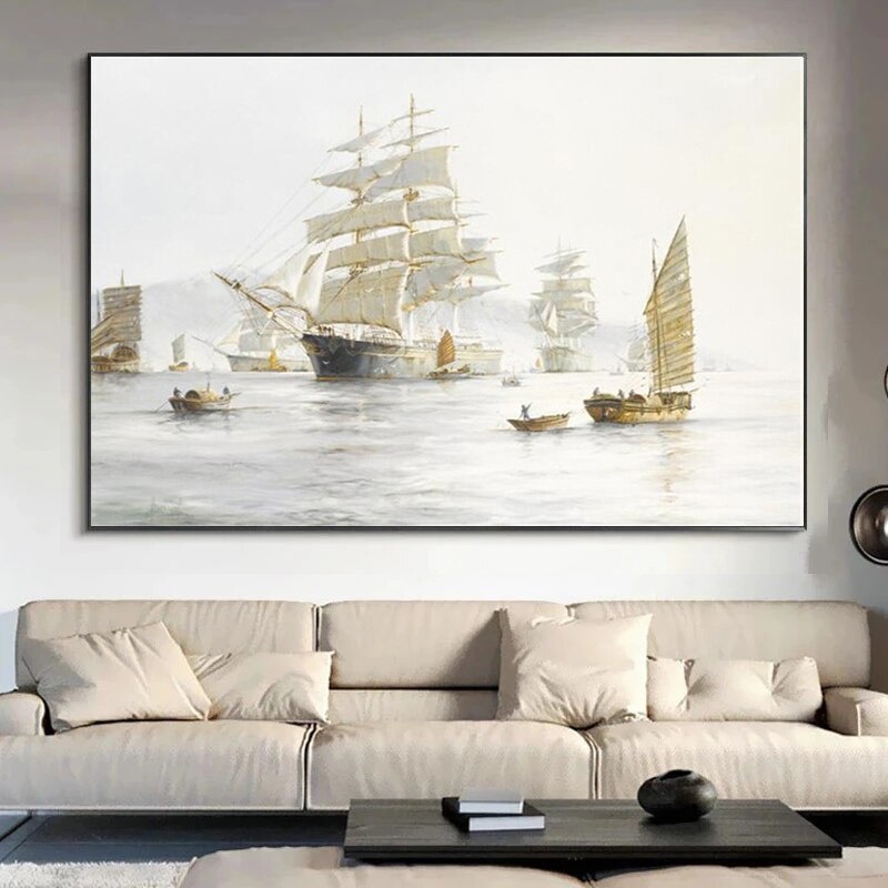 โมเดิร์นซีสเคปผ้าใบศิลปะภาพวาดผนังโปสเตอร์และพิมพ์เรือแล่นเรือใบในภาพคลื่นสําหรับห้องนั่งเล่นตกแต่งบ้าน