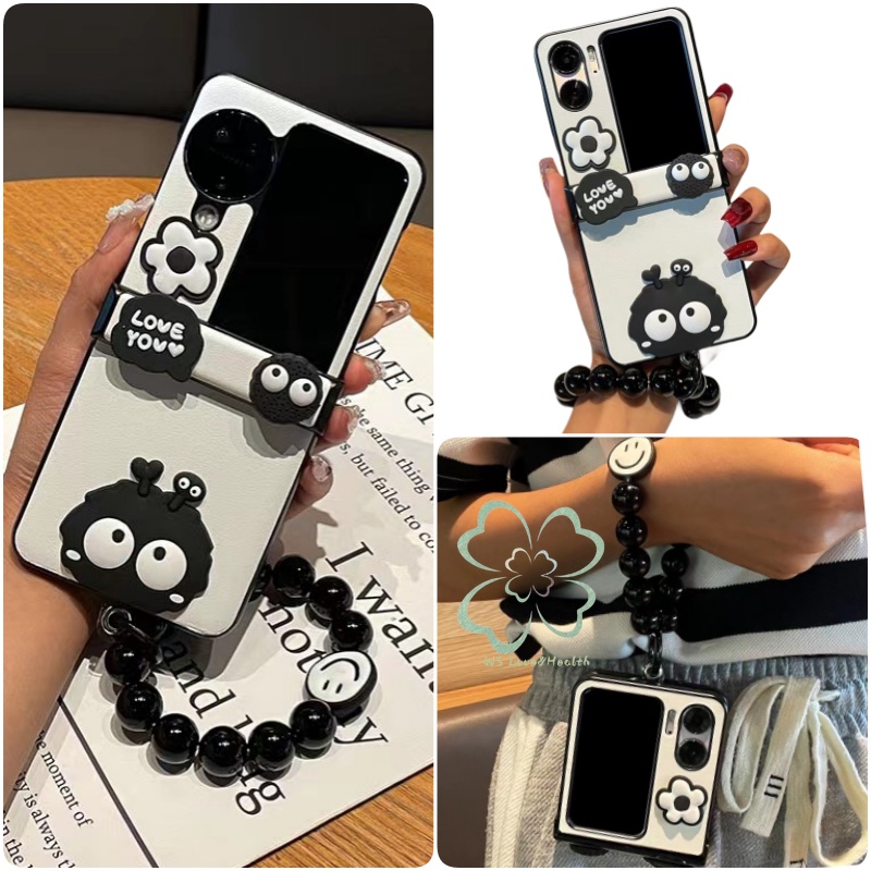 เคสโทรศัพท์มือถือหนัง PC แข็ง ฝาพับ พร้อมสายคล้องมือ ประดับลูกปัด สําหรับ OPPO Find N3 N2 N2flip N3flip