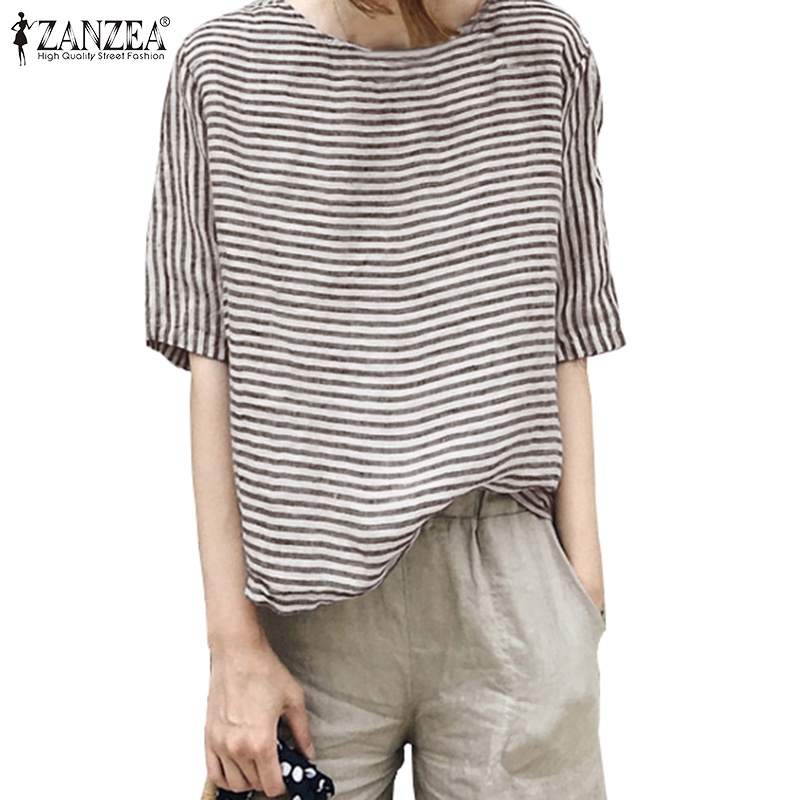 Zanzea เสื้อเบลาส์ลําลอง คอกลม แขนห้าส่วน ลายทาง สไตล์วินเทจ สําหรับผู้หญิง