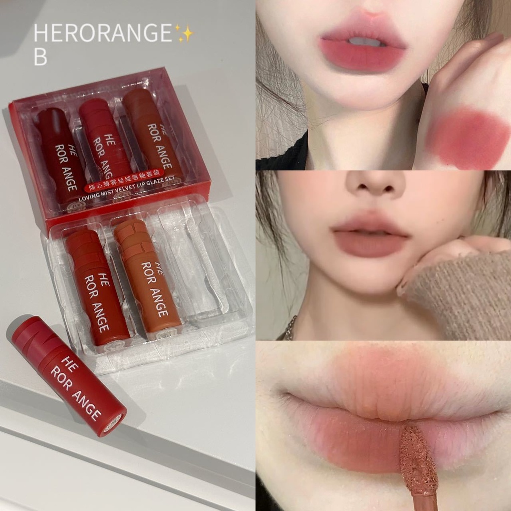 Herorange 3 ชิ้น / เซต หลอดสีแดง ลิปสติก ขนาดเล็ก ลิปโคลน เนื้อแมตต์ กํามะหยี่ กันน้ํา เคลือบริมฝีปาก