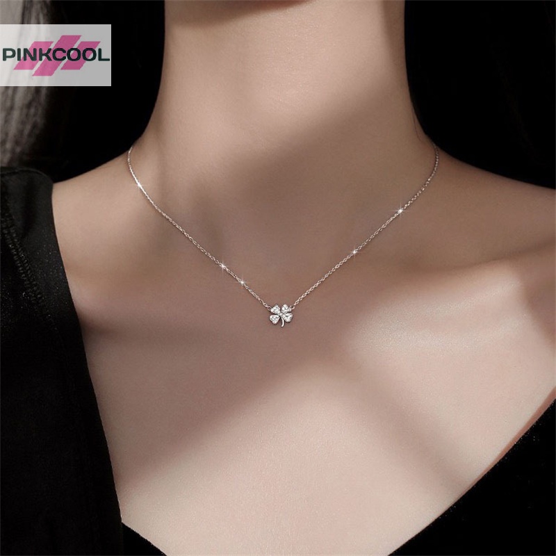 Pinkcool สร้อยคอโซ่ จี้ใบโคลเวอร์สี่แฉก นําโชค ใบไม้ โช้คเกอร์ คริสตัล เพทาย เครื่องประดับ สําหรับผู้หญิง ขายดี
