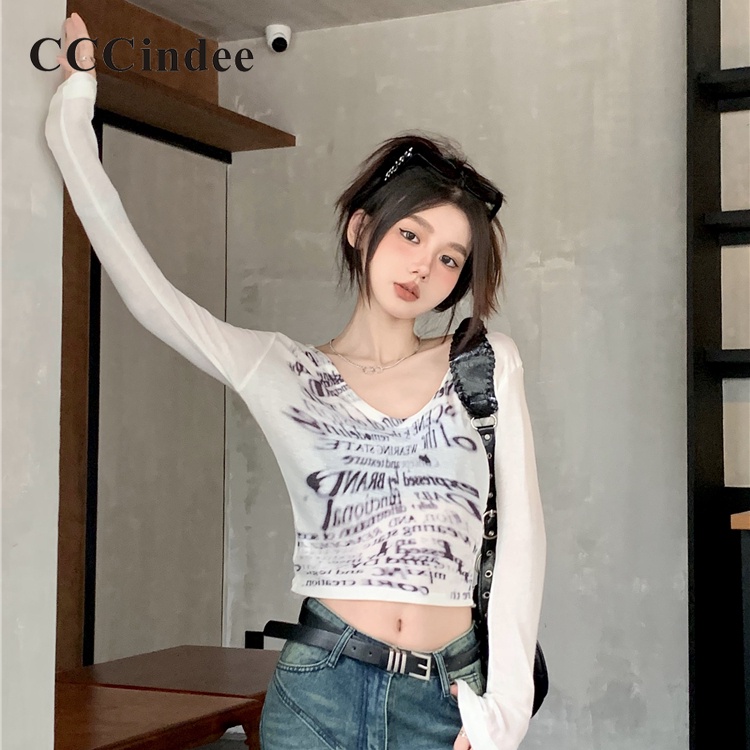 Cccindee เสื้อยืด แขนยาว พิมพ์ลาย เซ็กซี่ แฟชั่นใหม่ สําหรับผู้หญิง 2024