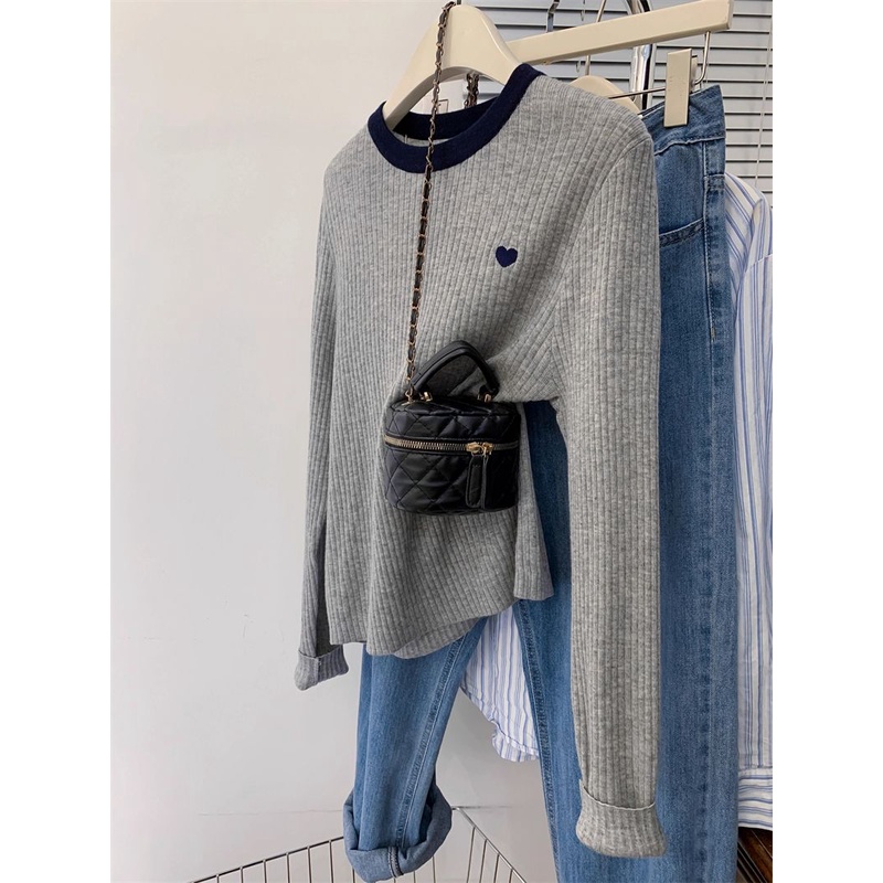 เสื้อยืดแขนยาวลําลอง คอกลม ผ้าถัก ทรงหลวม ขนาดใหญ่ แบบเรียบง่าย แฟชั่นสไตล์เกาหลี 2023